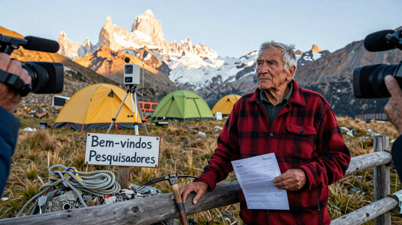 Homem idoso com camisa aos quadrados vermelha segura papel junto a placa "Bem-vindos Pesquisadores" em campo com tendas.