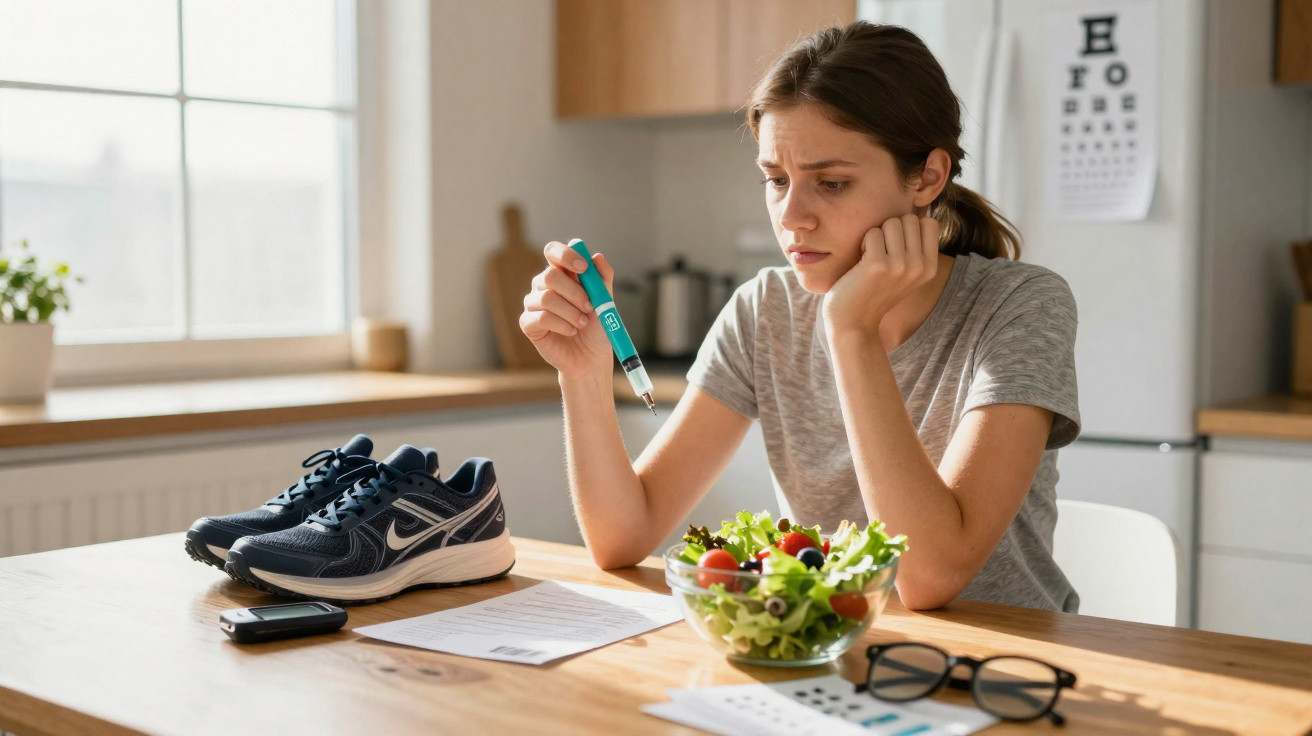 Mulher preocupada verifica glicose enquanto está sentada à mesa com salada, ténis e monitor de glicemia.