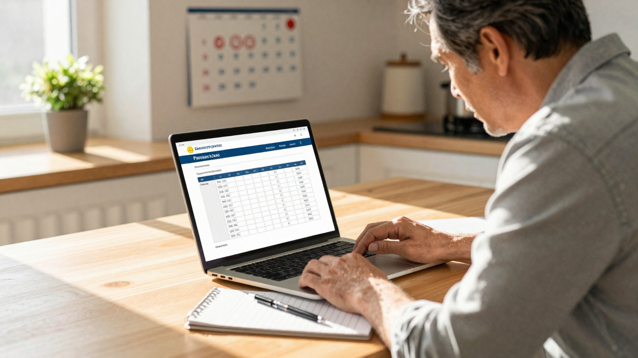 Homem sentado a usar computador portátil com tabela de dados e calendário na parede ao fundo.