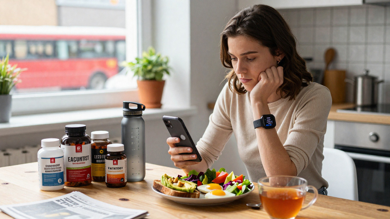 Mulher sentada à mesa com refeições saudáveis e suplementos, a olhar para o telemóvel na cozinha.