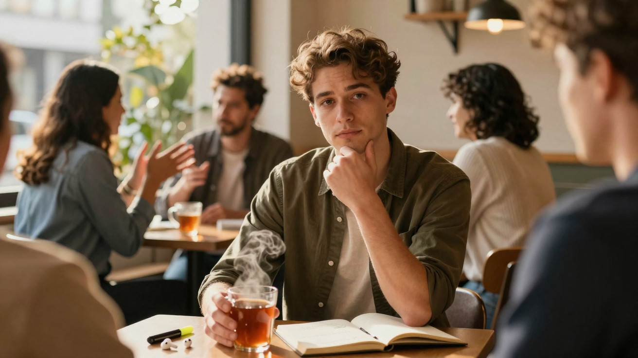 Jovem sentado numa mesa de café com chá, livro aberto à sua frente e olhar pensativo.