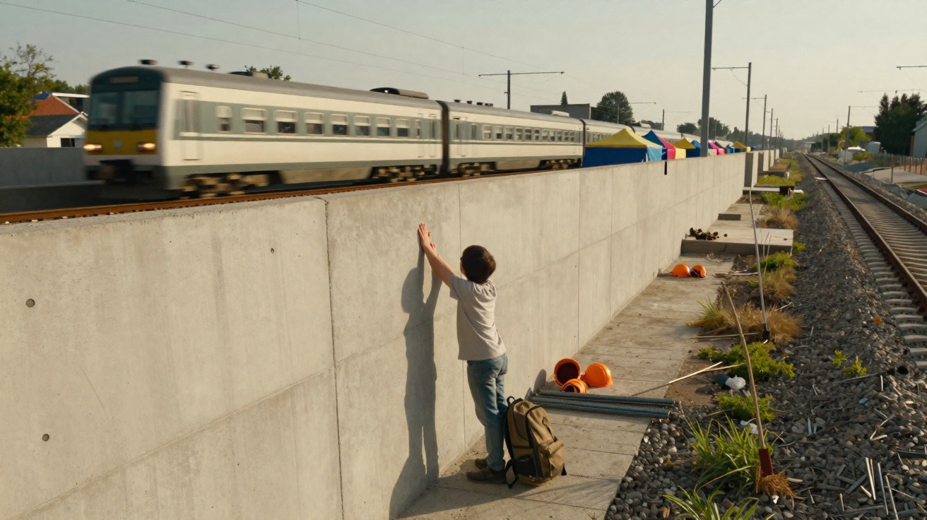 Rapaz encostado a um muro de cimento observa comboio em movimento numa linha ferroviária.