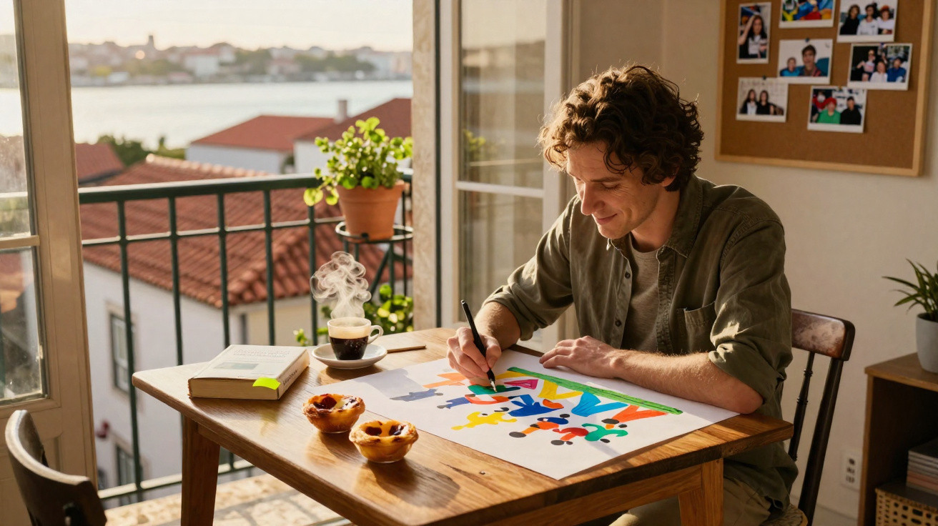 Jovem sentado a desenhar colorido numa mesa de madeira junto a janela com vista para rio.