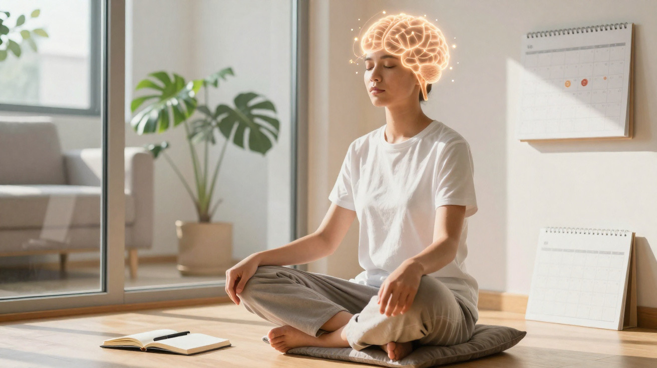 Pessoa meditando sentada no chão com ilustração luminosa do cérebro sobre a cabeça, em ambiente calmo e iluminado.