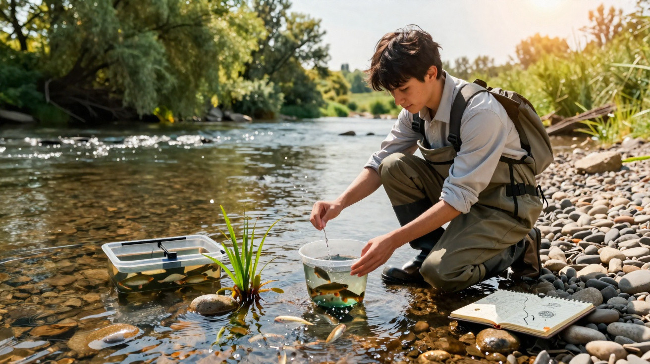 Jovem com fato de pesca recolhe peixes num balde junto a um rio rodeado de pedras e vegetação.
