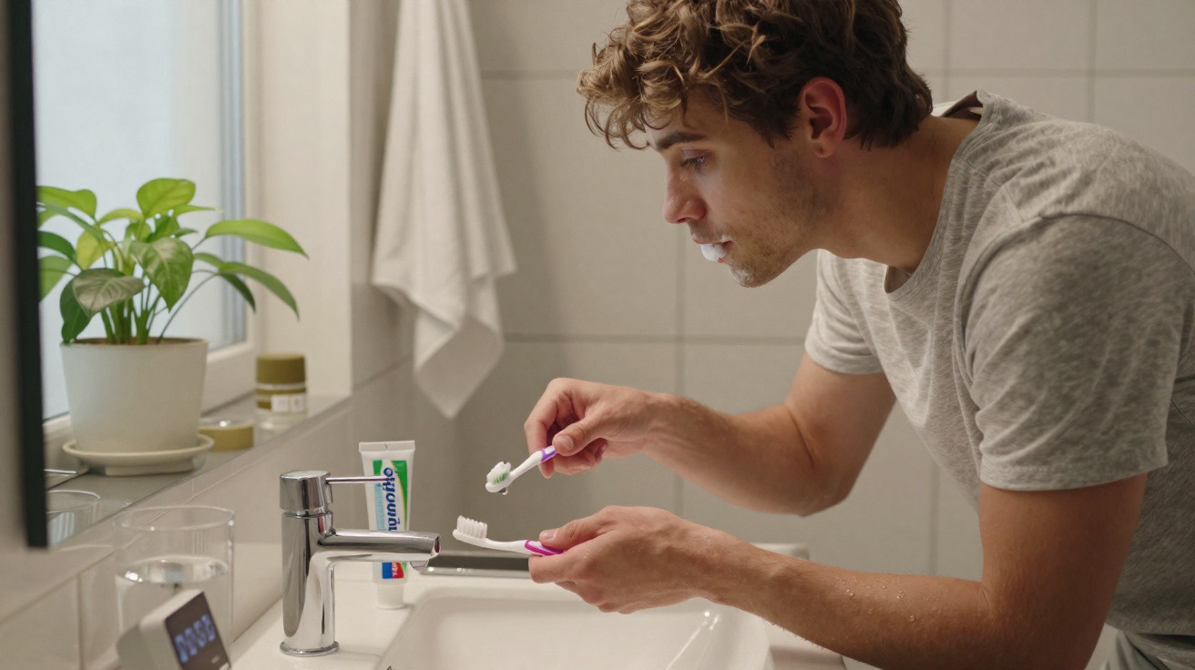 Homem a preparar escova de dentes com pasta numa casa de banho moderna e luminosa.