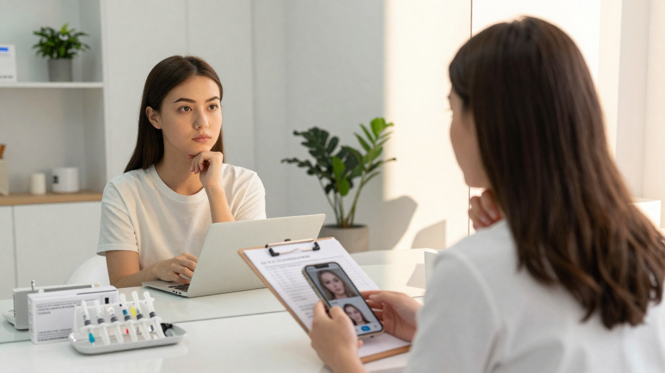 Duas mulheres numa consulta, uma ao computador e outra a analisar imagens num telemóvel e prancheta.