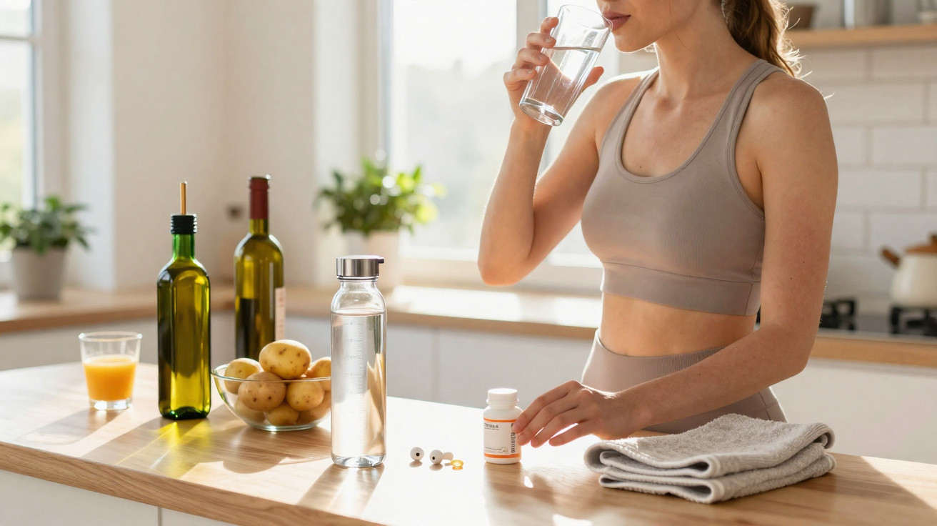 Mulher em roupa desportiva a beber água e a tomar comprimidos numa cozinha iluminada.