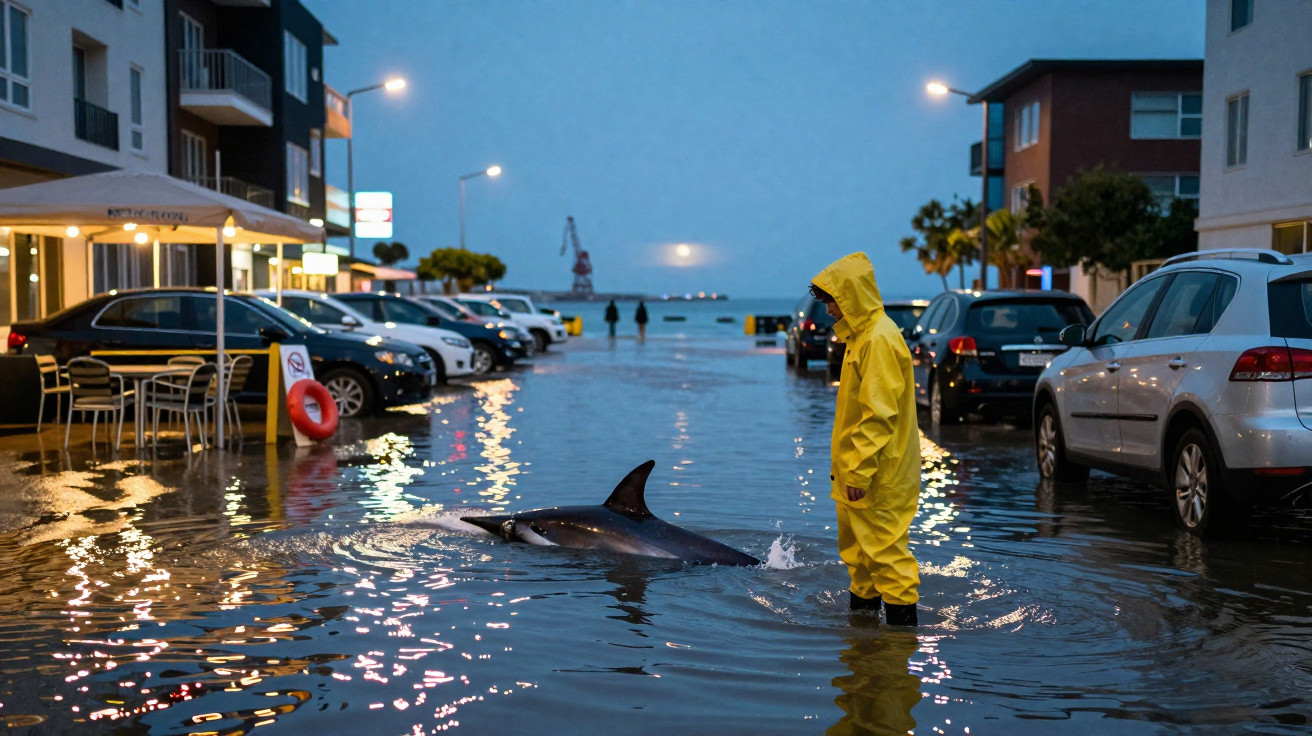 Rua urbana inundada à noite com pessoa em fato amarelo a observar um golfinho na água.