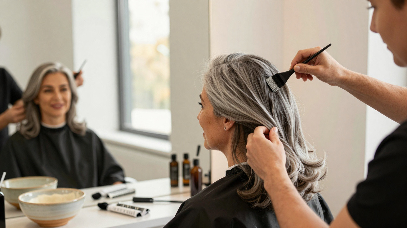Mulher com cabelo grisalho a receber coloração no salão de cabeleireiro, refletida no espelho.