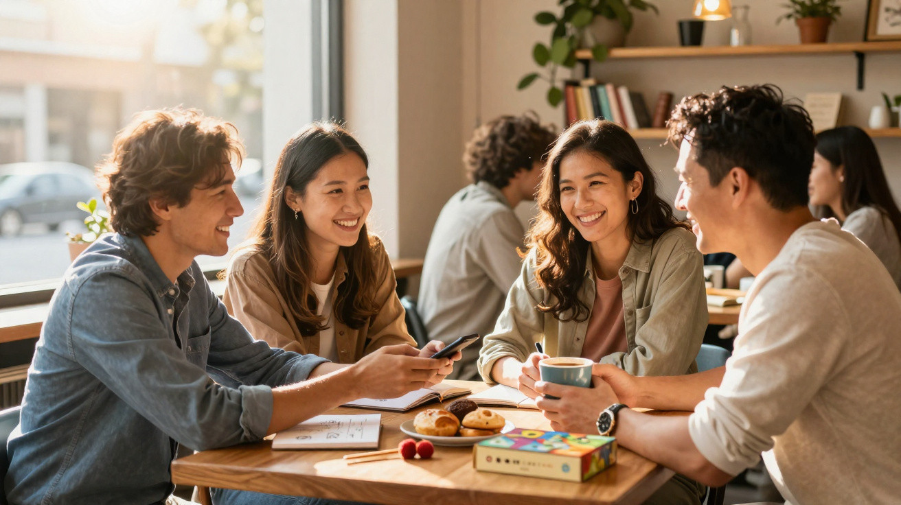 Grupo de quatro jovens a conversar e sorrir numa mesa com café e bolos numa cafetaria iluminada.
