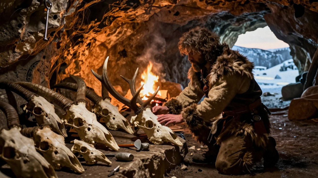 Homem vestindo pele de animal ajusta caveira de animal num caverna com fogo ao fundo e neve lá fora.