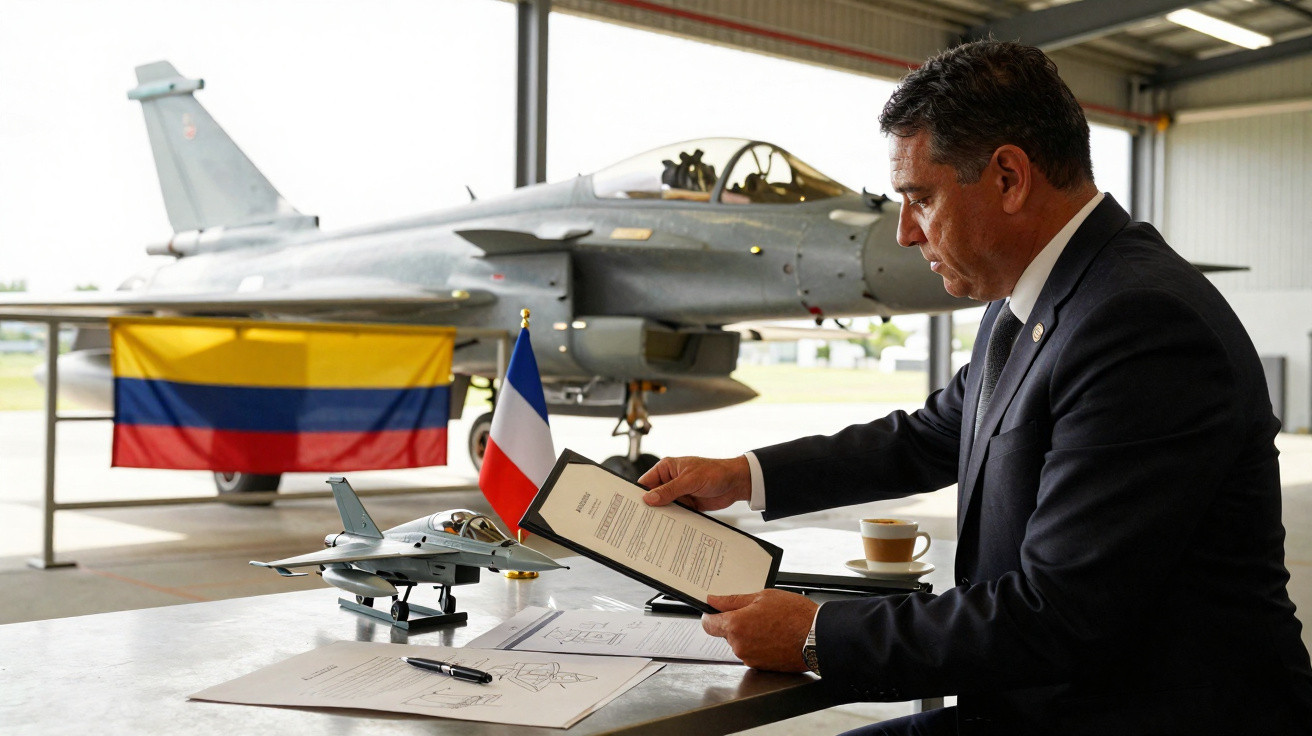 Homem de fato a analisar documentos com miniatura de avião de combate e dois aviões de caça ao fundo.
