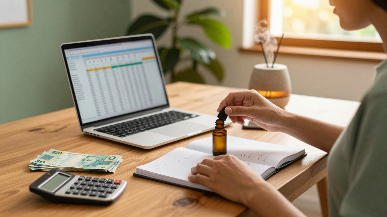 Pessoa a trabalhar num ambiente com computador, caderno, calculadora, dinheiro e frasco de óleo essencial.