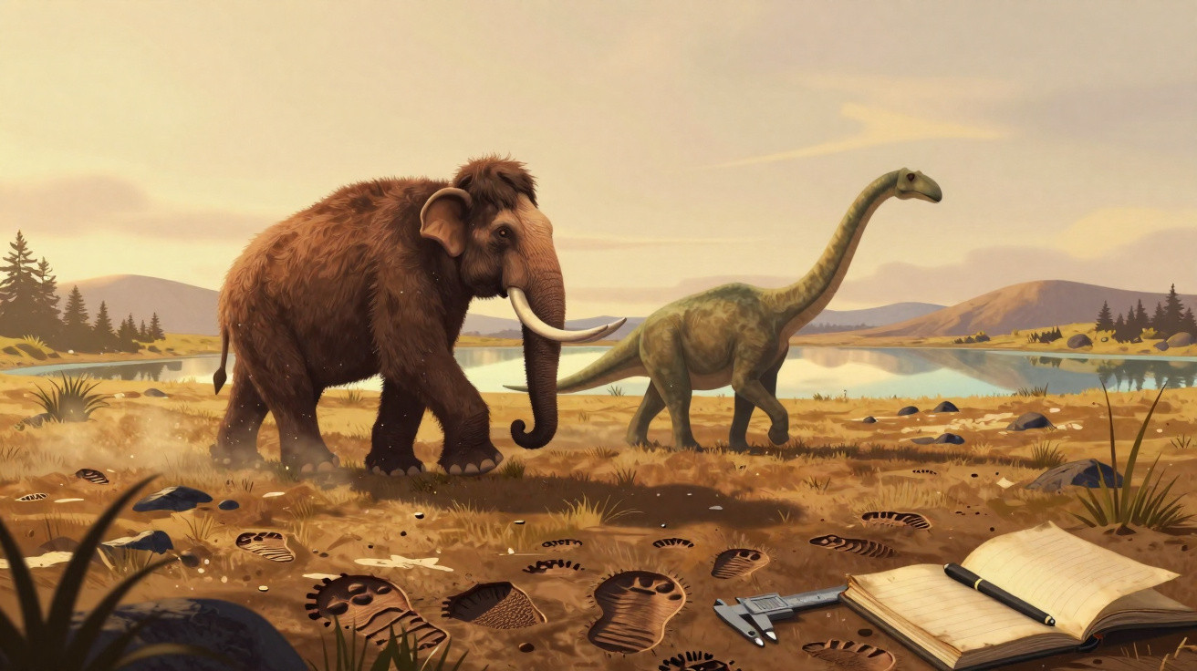 Reconstrução digital de mamute e dinossauro junto a pegadas fósseis e material de estudo num cenário pré-histórico.
