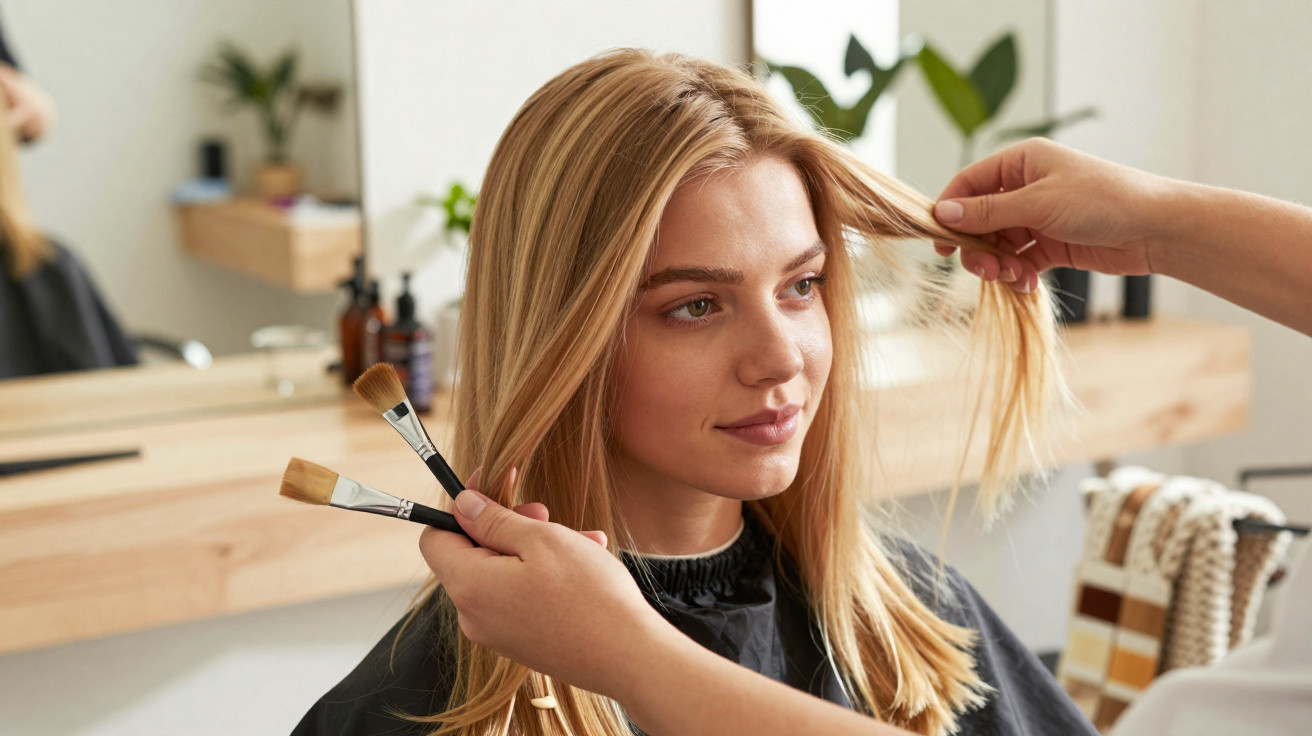 Mulher loira a receber maquilhagem e tratamento de cabelo num salão de beleza moderno.