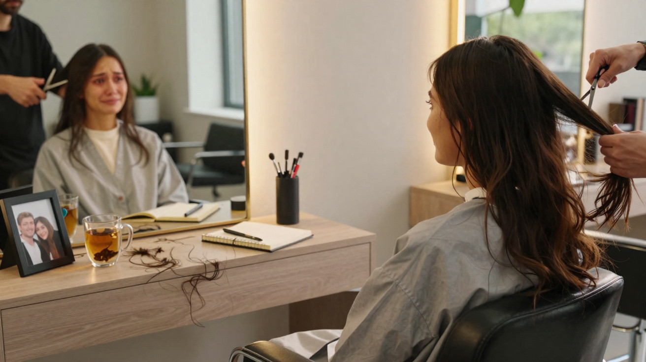 Mulher triste a cortar o cabelo num salão, refletida no espelho com fios caídos na secretária.