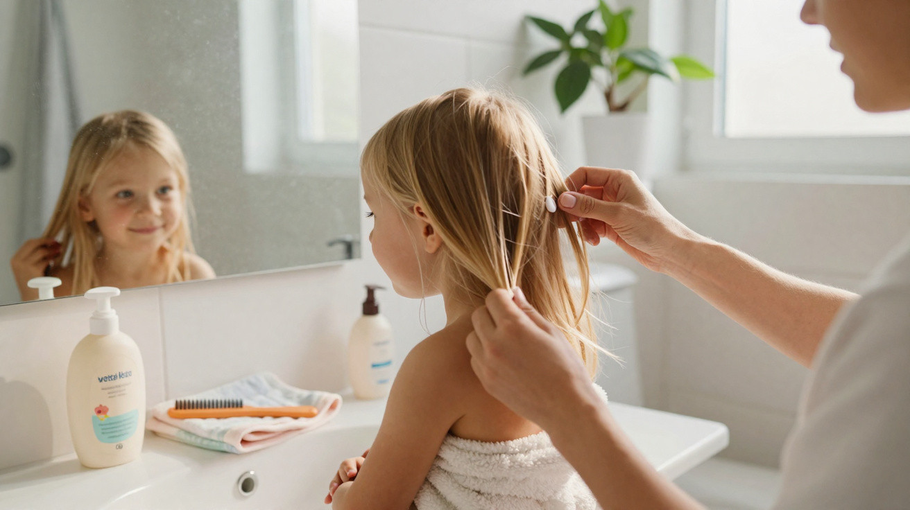 Criança com toalha ao ombro enquanto adulto lhe prende o cabelo com presilha no banheiro.