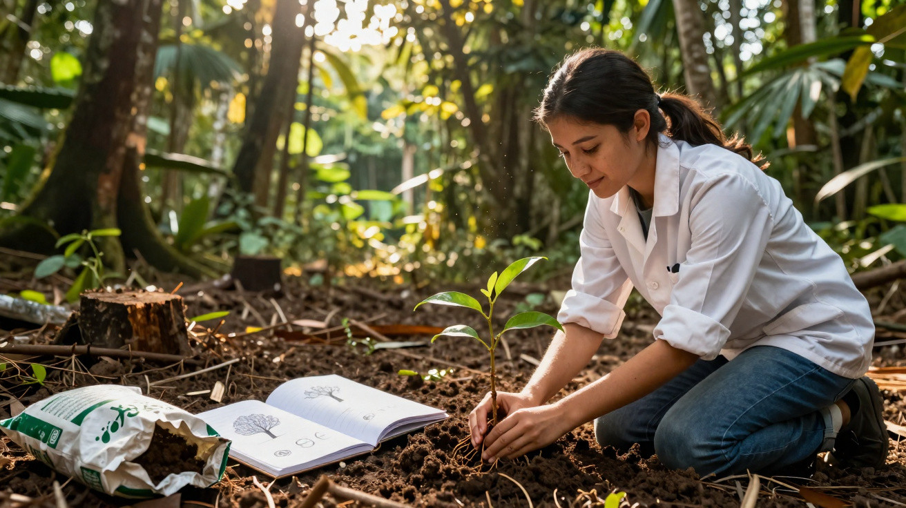 Mulher com bata branca planta uma muda numa floresta, com livro aberto e saco de terra ao lado.
