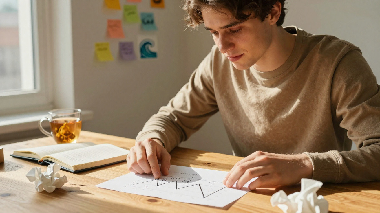 Jovem sentado a analisar um gráfico de balanço financeiro sobre uma mesa em ambiente iluminado.