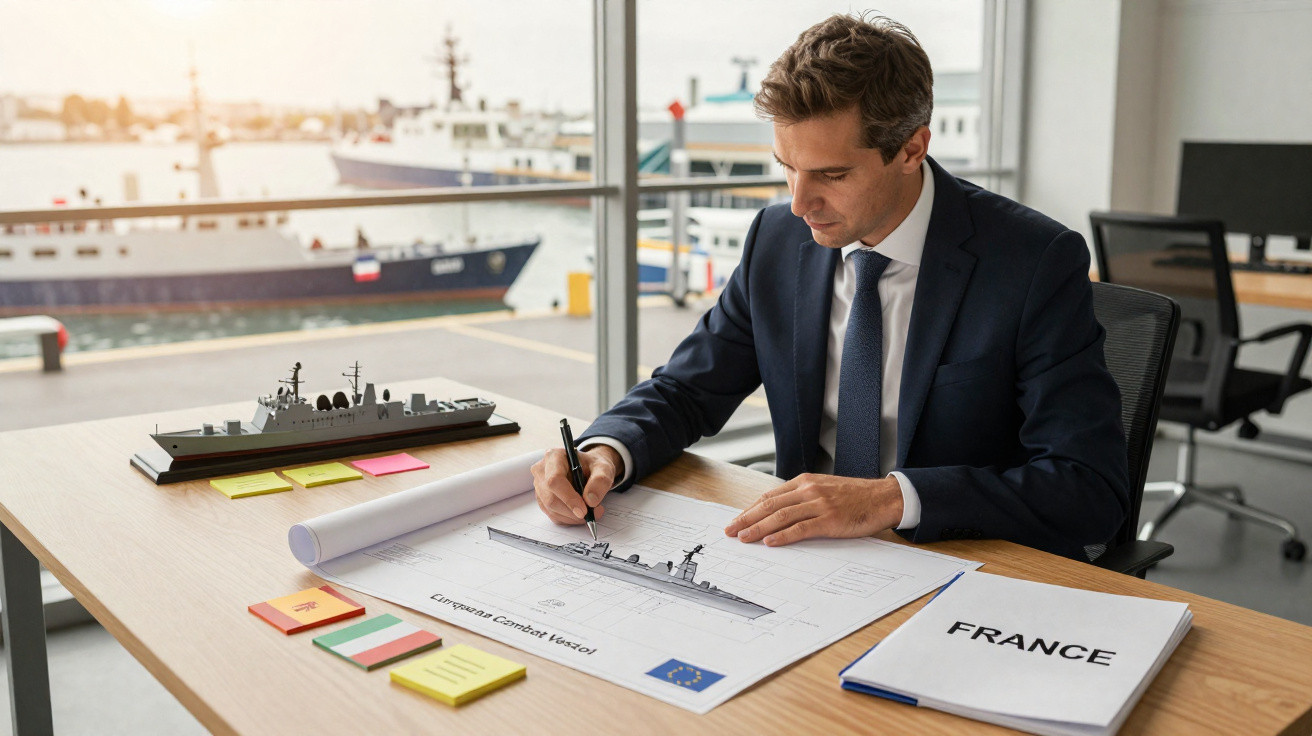 Homem de fato a desenhar projeto de navio de guerra numa mesa com maquete e documento "France" numa sala com vista para o por