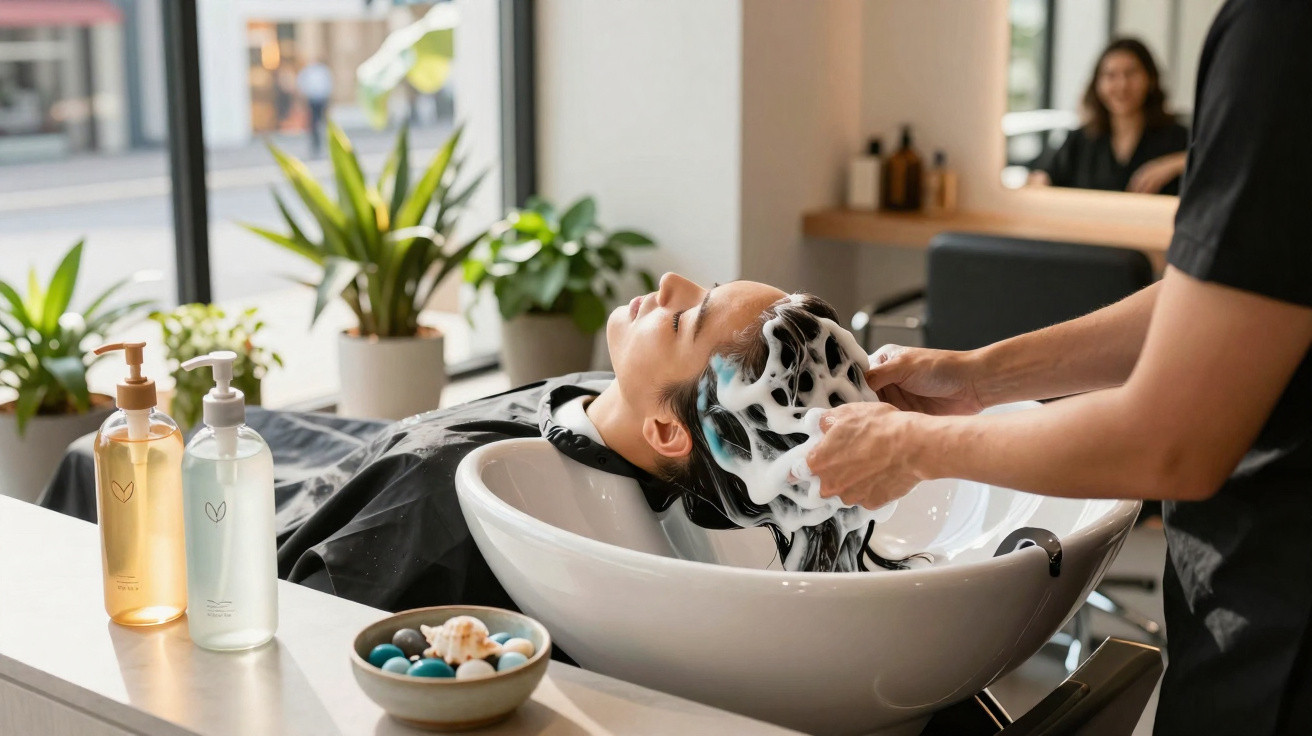 Pessoa a lavar o cabelo com espuma num salão de beleza moderno e iluminado.