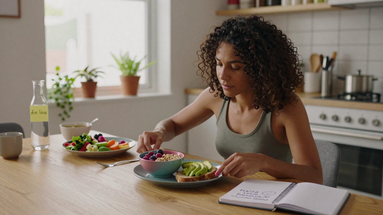 Mulher sentada à mesa a preparar uma refeição saudável com frutas e abacate na cozinha.