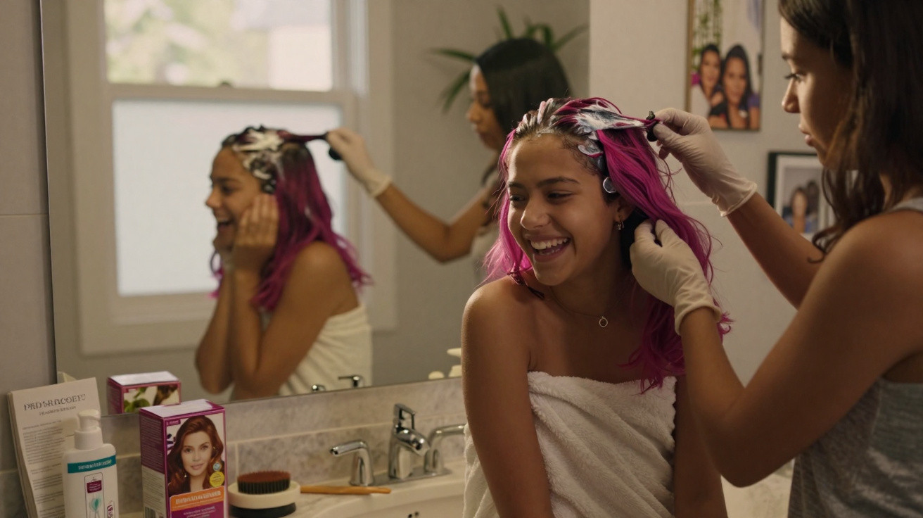 Jovem com cabelo rosa a sorrir enquanto outra pessoa lhe aplica creme para coloração no cabelo numa casa de banho.