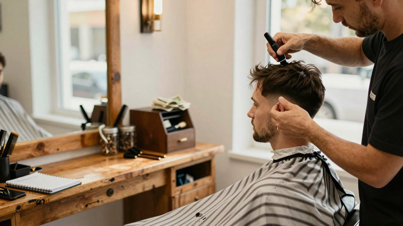 Barbeiro a cortar cabelo de cliente jovem numa barbearia moderna com bancada em madeira e espelho grande.