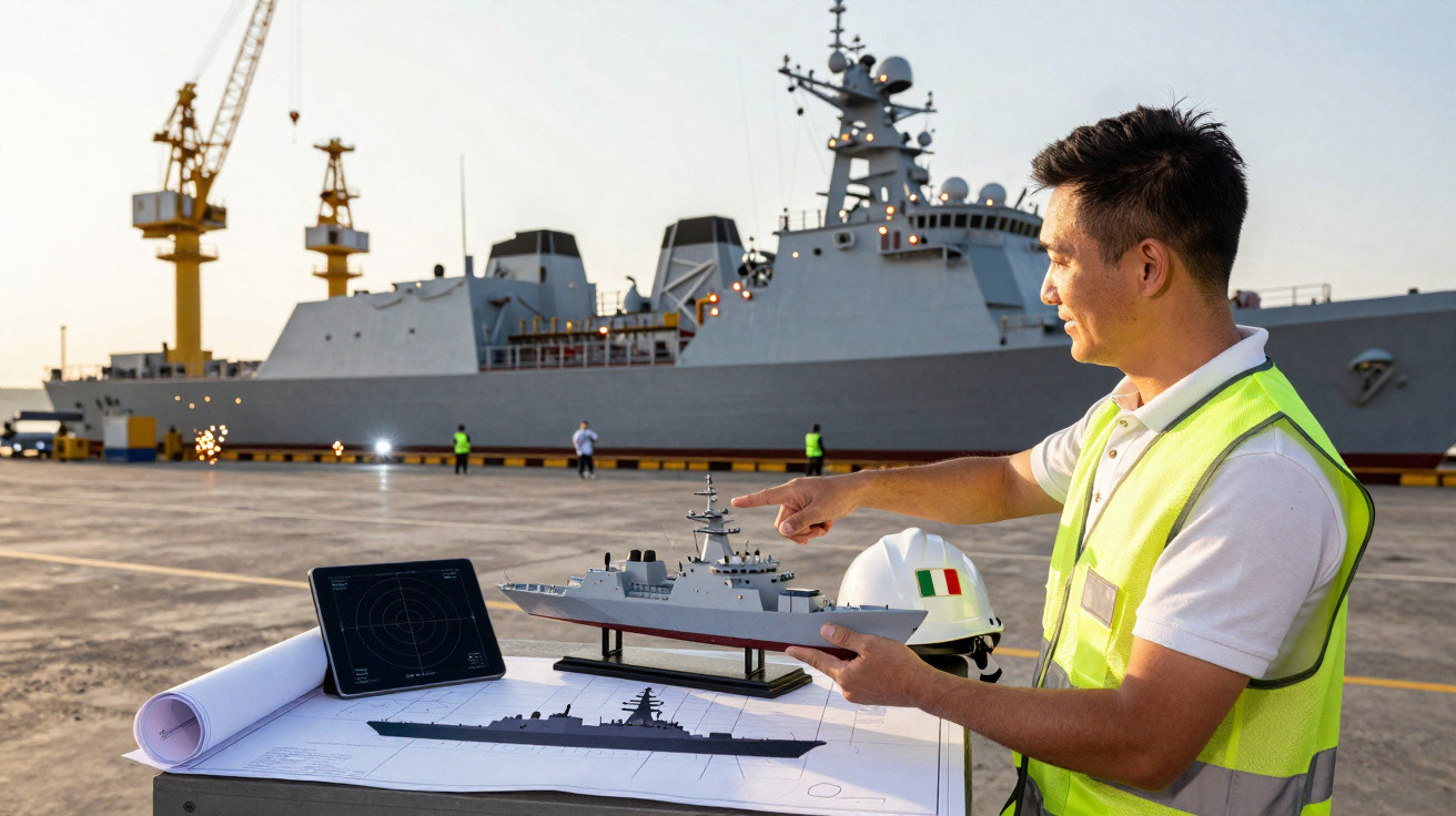 Engenheiro naval com colete refletor aponta para modelo de navio de guerra em doca junto a planta e navio real.