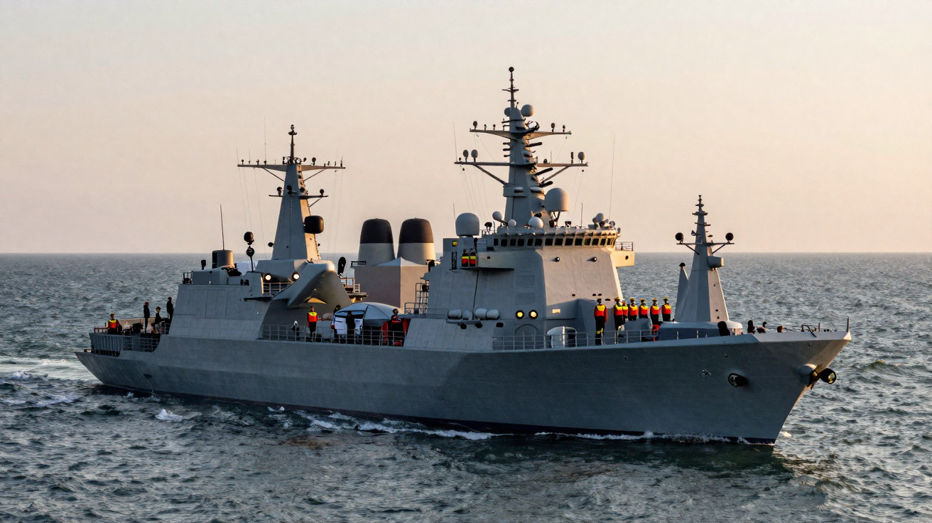 Cruzador militar cinzento a navegar no mar com tripulação vestida de coletes amarelos no convés durante o pôr do sol.