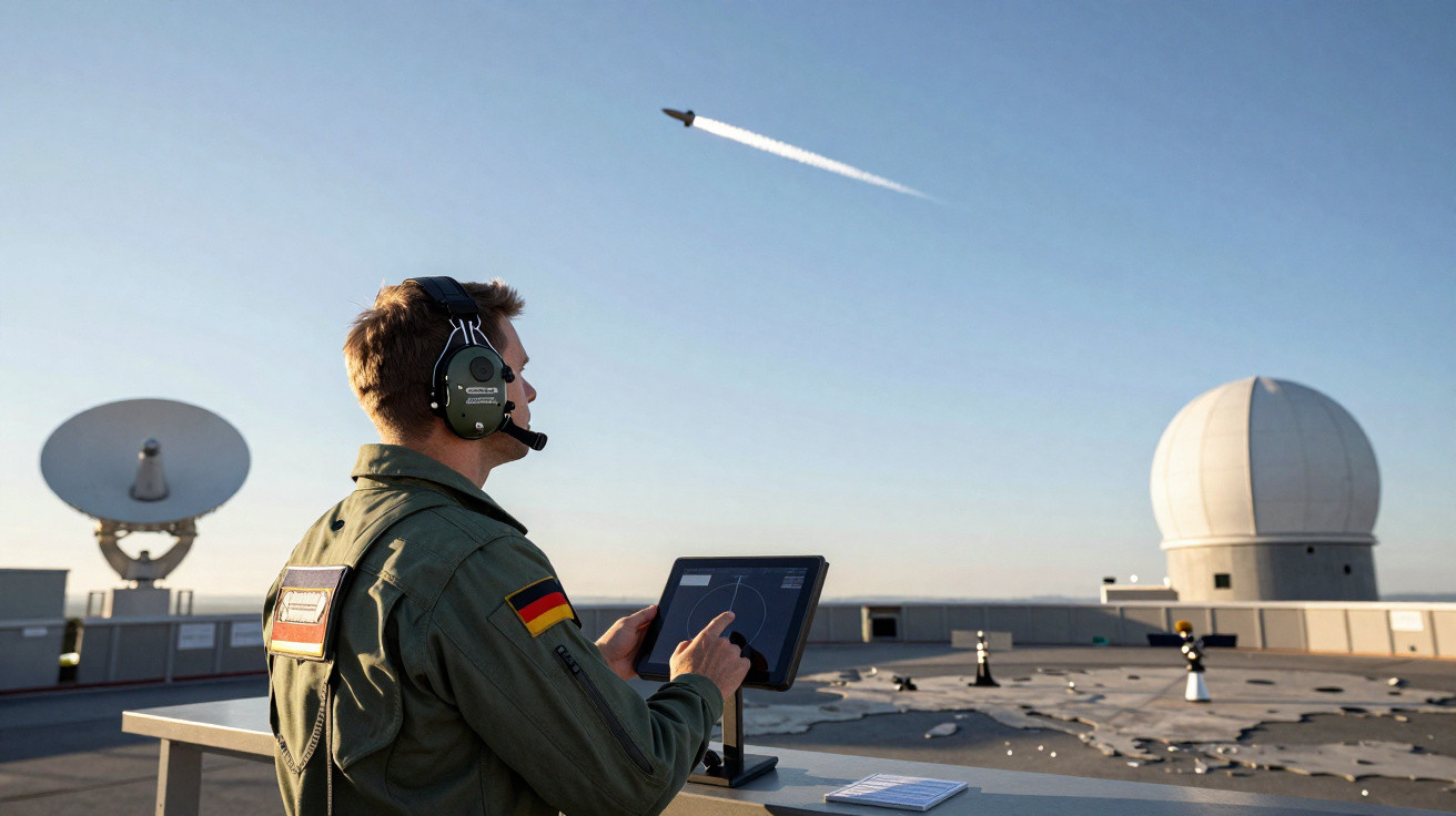 Militar observa e controla voo de míssil a partir de equipamento no telhado de instalação com radar e observatório.