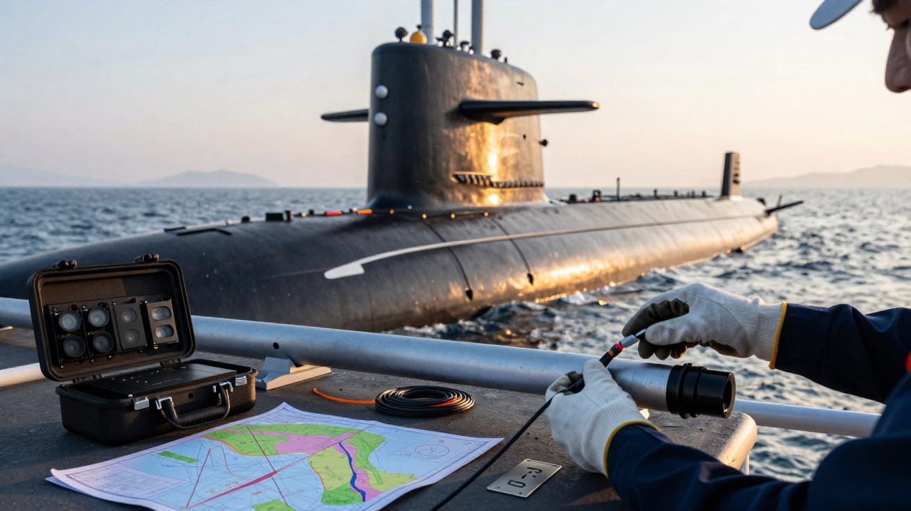 Submarino negro ao largo com técnica a usar equipamento eletrónico e mapa náutico numa embarcação auxiliar.