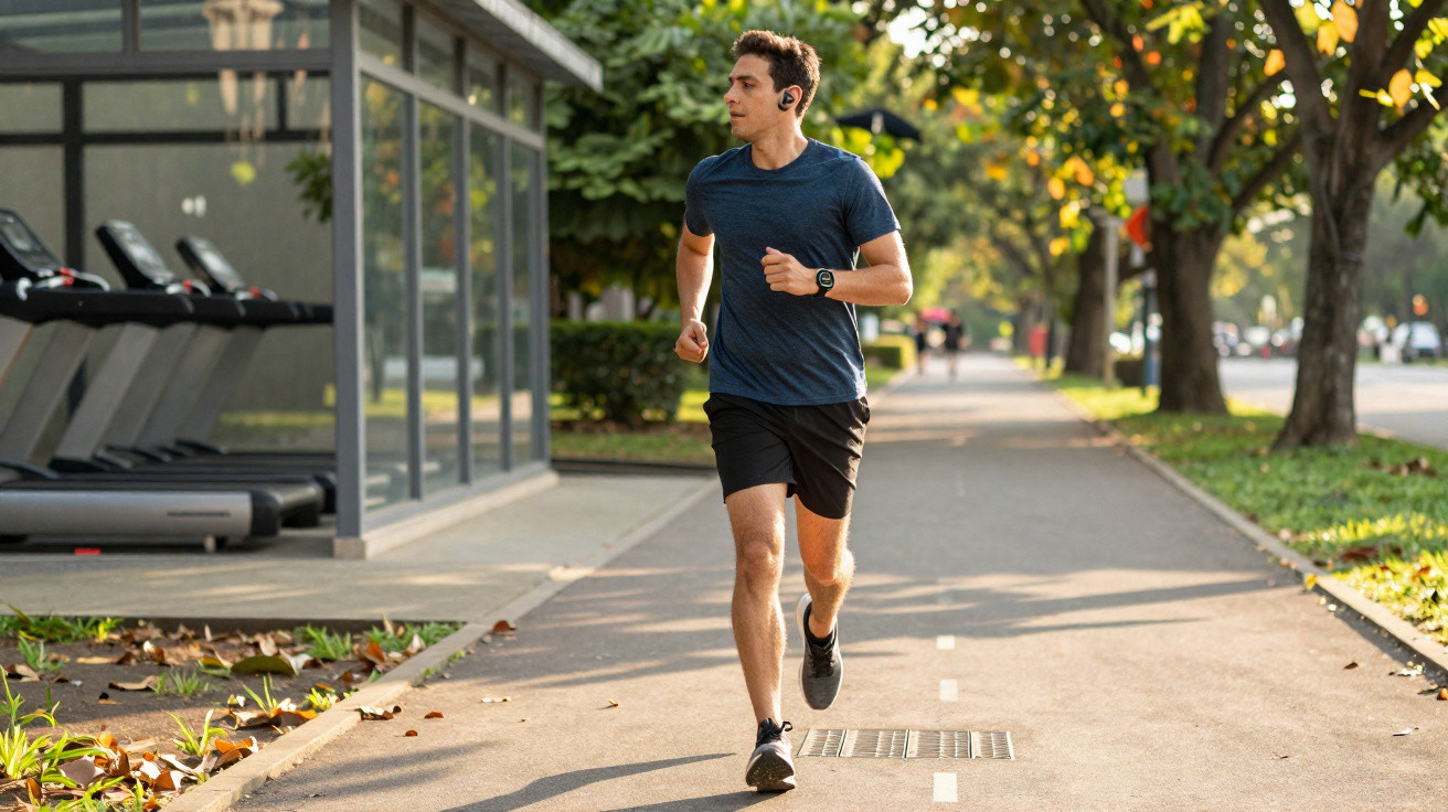 Homem jovem a correr num parque urbano com árvores e equipamento de ginásio ao fundo.