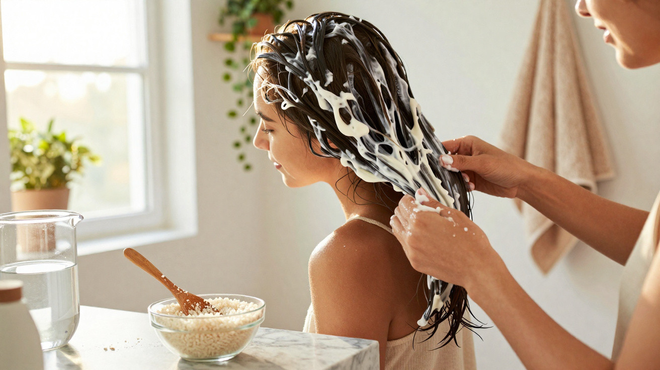 Pessoa a aplicar máscara capilar num cabelo molhado, com tigela de produtos naturais numa bancada próxima.