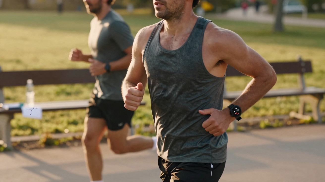 Dois homens a correr em parque urbano durante o dia, vestindo roupa desportiva e relógios inteligentes.