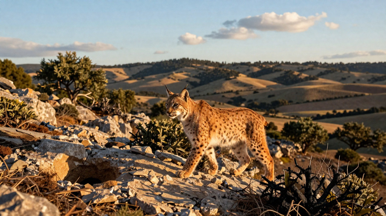 Lince ibérico caminhando entre pedras e vegetação numa paisagem montanhosa ao pôr do sol.
