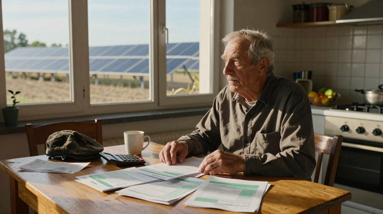 Idoso sentado à mesa com documentos, olhando pela janela para painéis solares no campo.