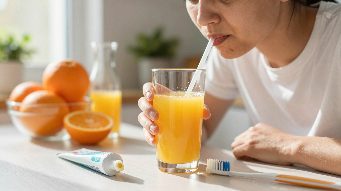 Pessoa a beber sumo de laranja com um canudo, com escova de dentes, pasta e laranjas na mesa à frente.