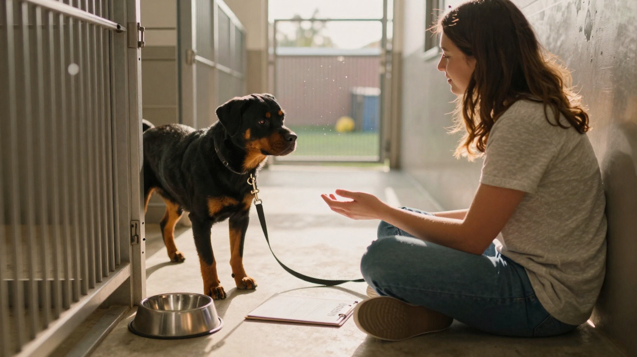 Mulher sentada no chão de abrigo conversa com cão Rottweiler preso a trela dentro de canil.