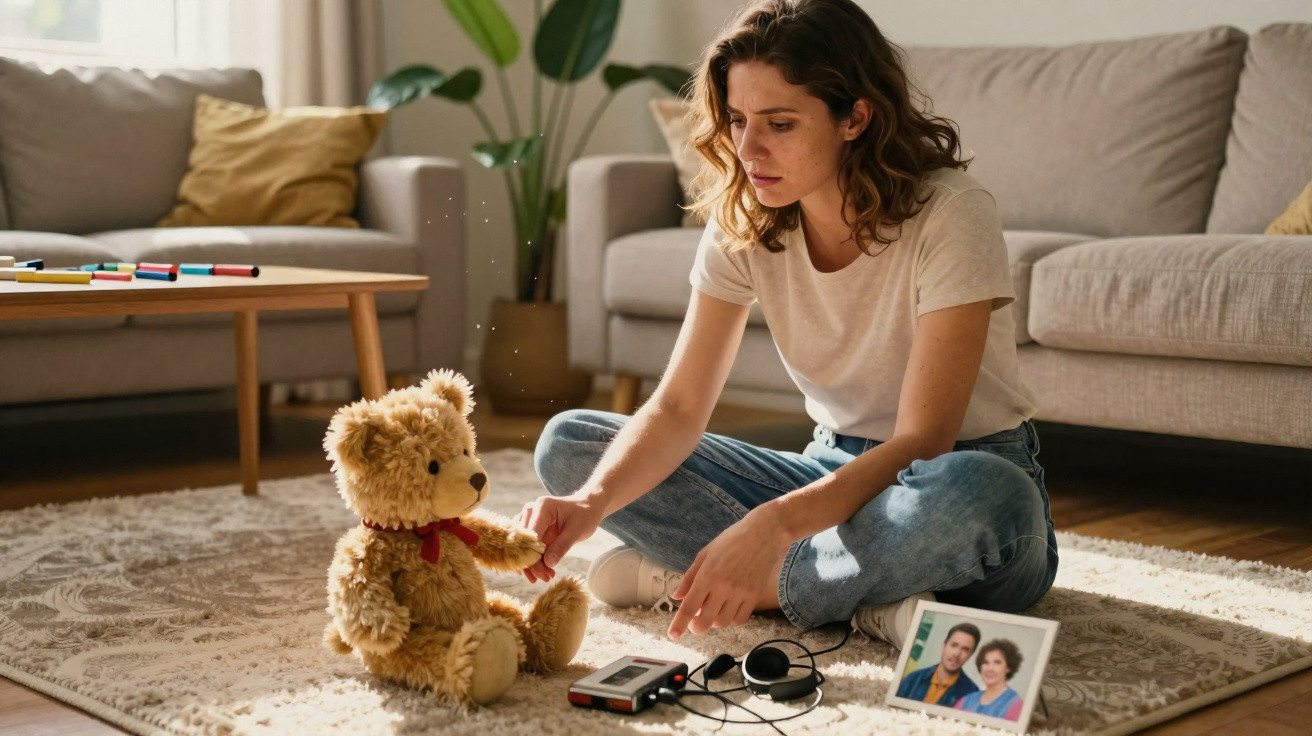 Mulher sentada no chão a segurar a pata de um urso de peluche num ambiente acolhedor na sala.