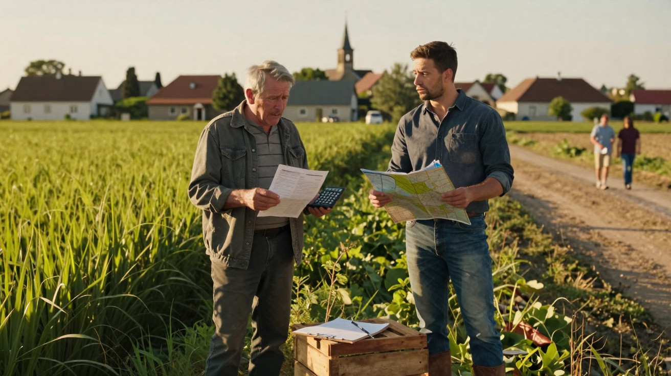 Dois homens em campo agrícola consultam documentos e um mapa, com casario e igreja ao fundo ao pôr do sol.