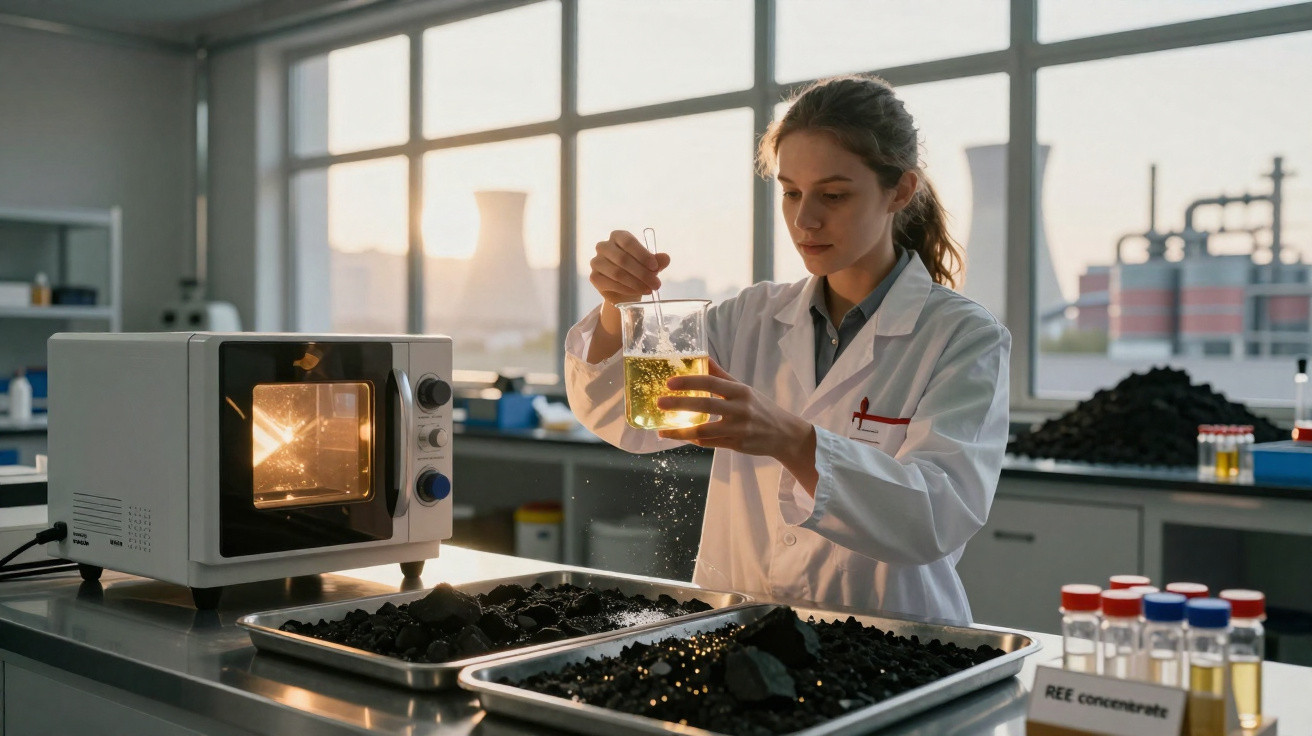 Mulher em laboratório a mexer líquido amarelo num béquer, com bandejas de carvão e equipamento científico à sua frente.