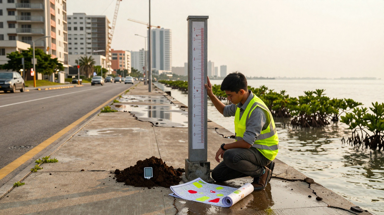 Técnico com colete refletor medindo níveis de água junto a mapas num passeio costeiro urbano.