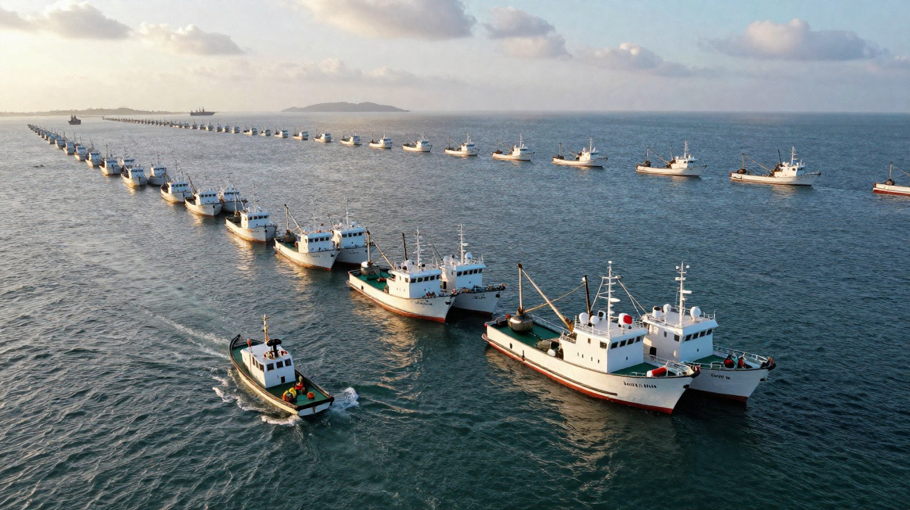 Fila longa de barcos de pesca alinhados no mar ao pôr do sol com céu parcialmente nublado.