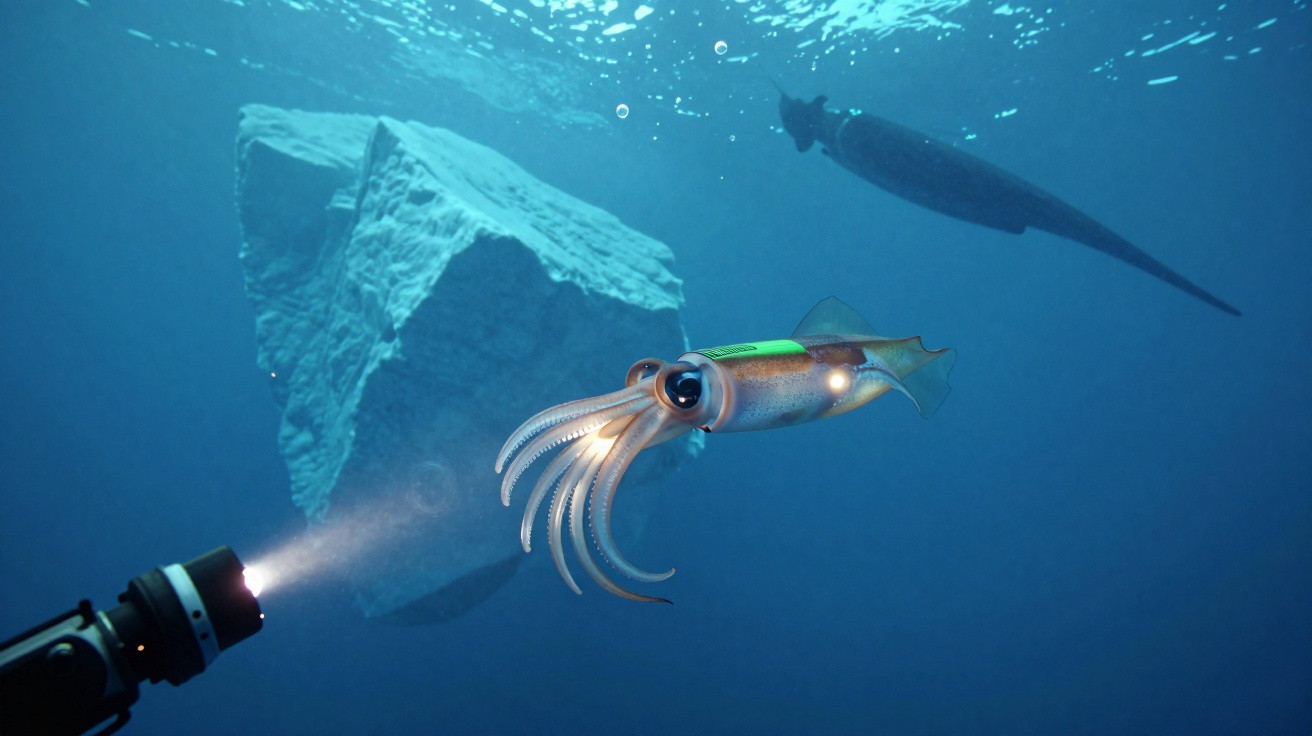 Lula bioluminescente iluminada por lanterna subaquática, nadando perto de icebergue no oceano profundo.