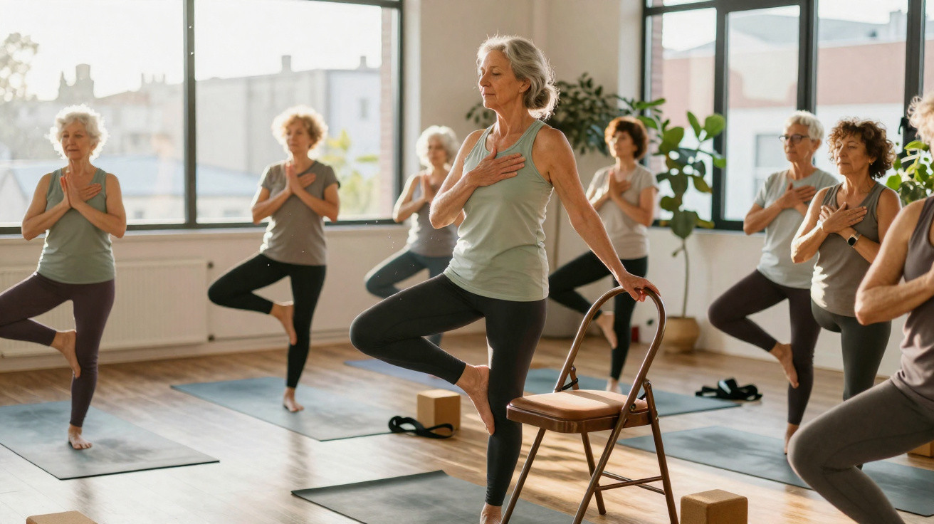 Grupo de mulheres séniores praticando yoga em estúdio, equilibrando-se com uma mão no peito e outra numa cadeira.