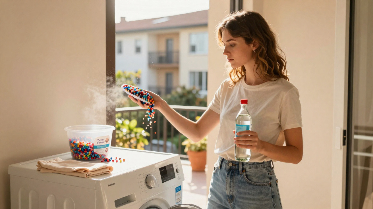Mulher prepara máquina de lavar, adicionando pequenas bolinhas coloridas como detergente.