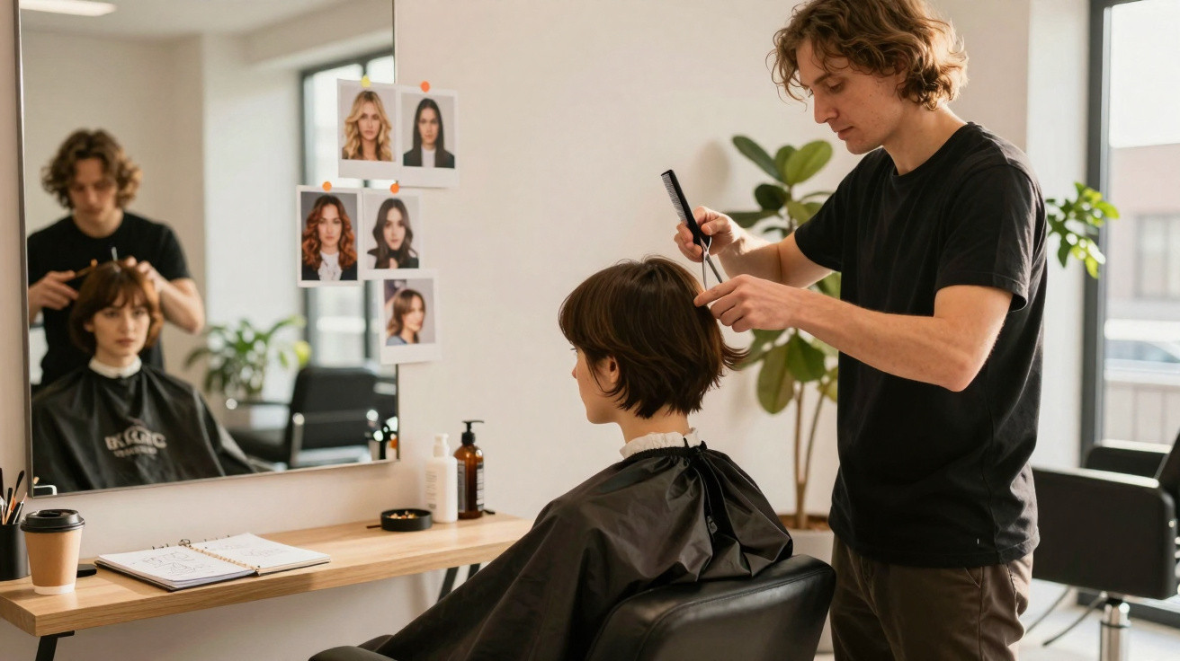 Homem corta cabelo de mulher num salão moderno com espelho, plantas e fotos de cortes na parede.