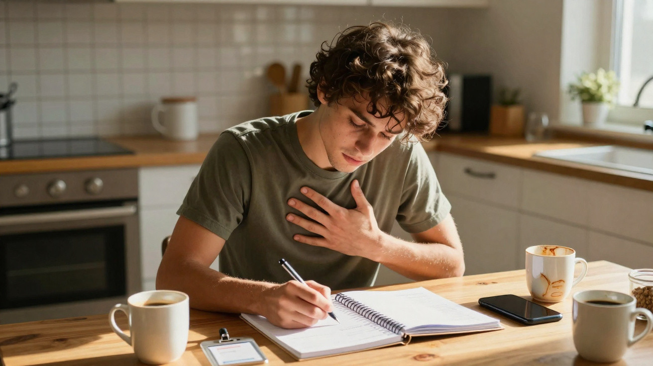 Jovem sentado na cozinha a escrever num caderno, com três canecas e um telemóvel na mesa.